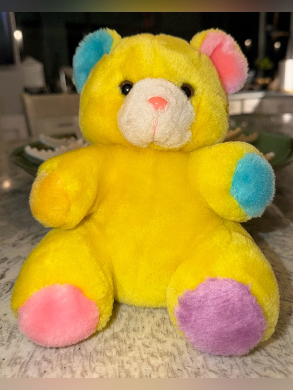 Vintage Colorblock Bear Yellow Pink Blue & Purple Teddy Bear Plush 8” - Picture 3 of 7